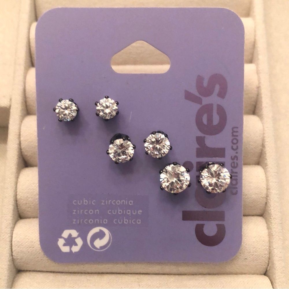 Claire’s | Gunmetal CZ Stud Earrings - Set of 3